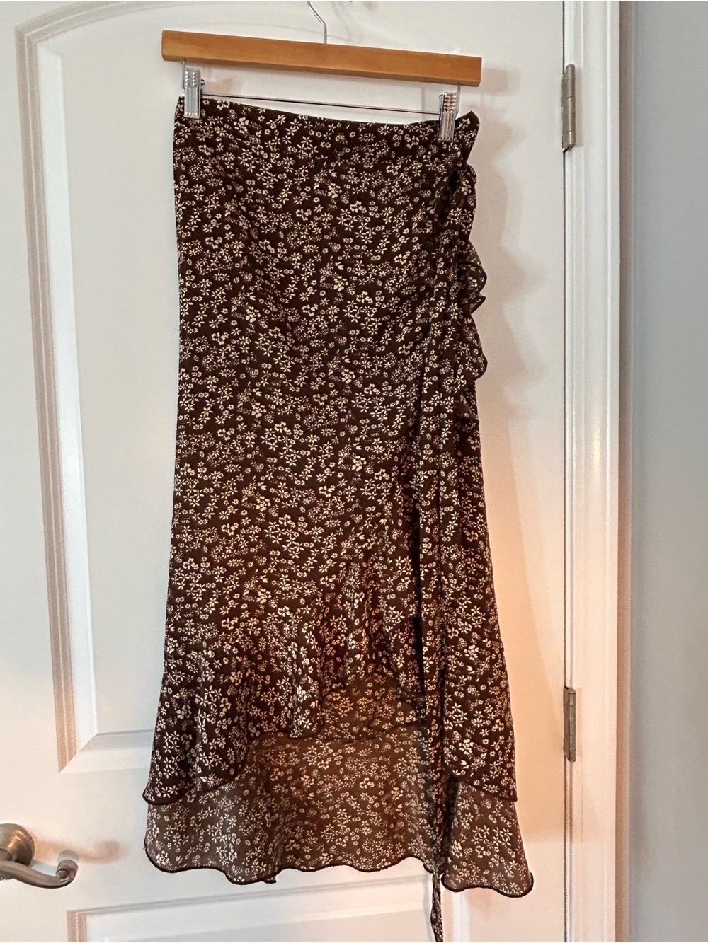 Floral Ruffle Wrap Midi Skirt - Brown with Cream Floral